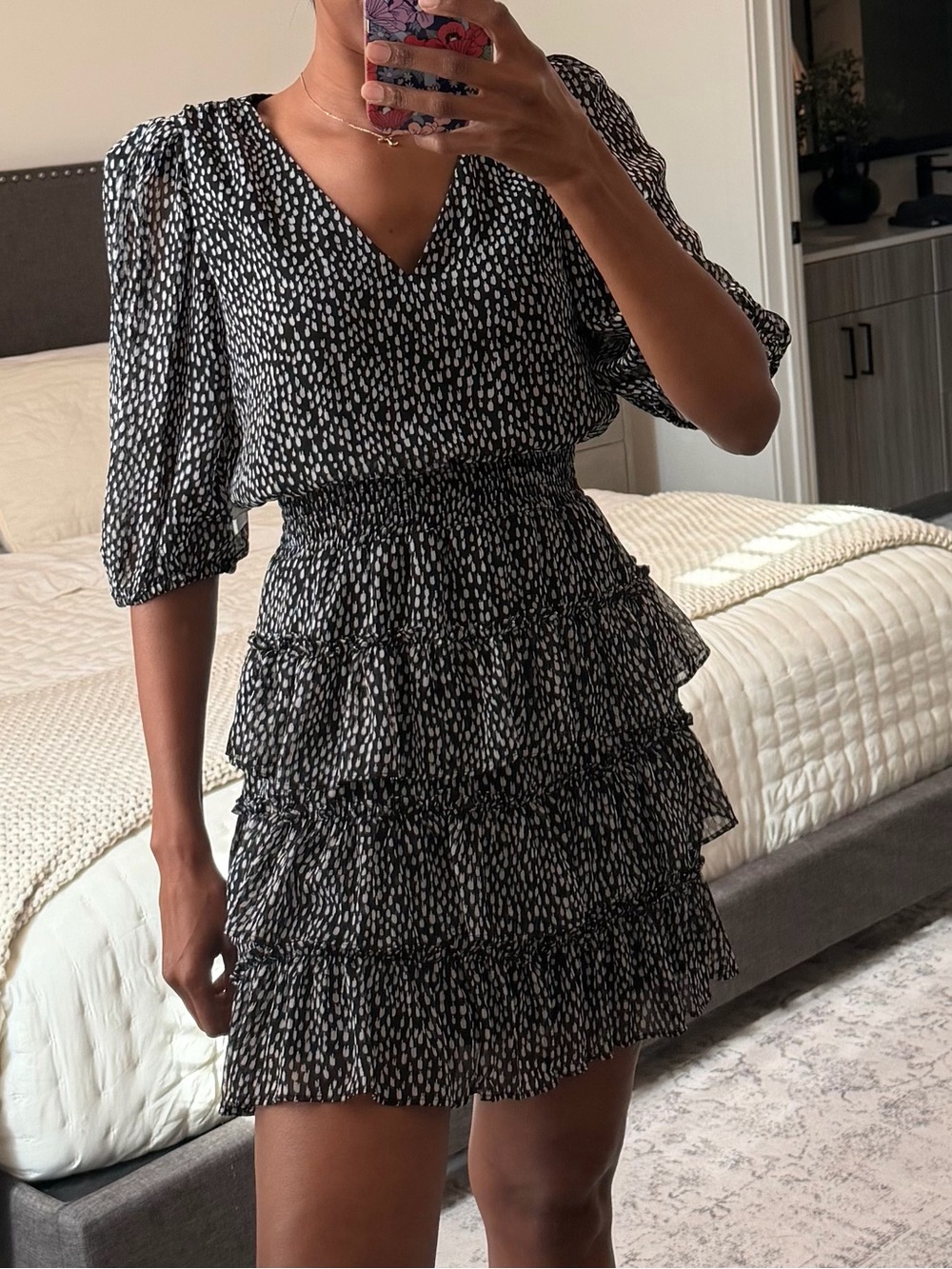 1. State Black & White Printed Smocked Tiered Ruffle Mini Dress